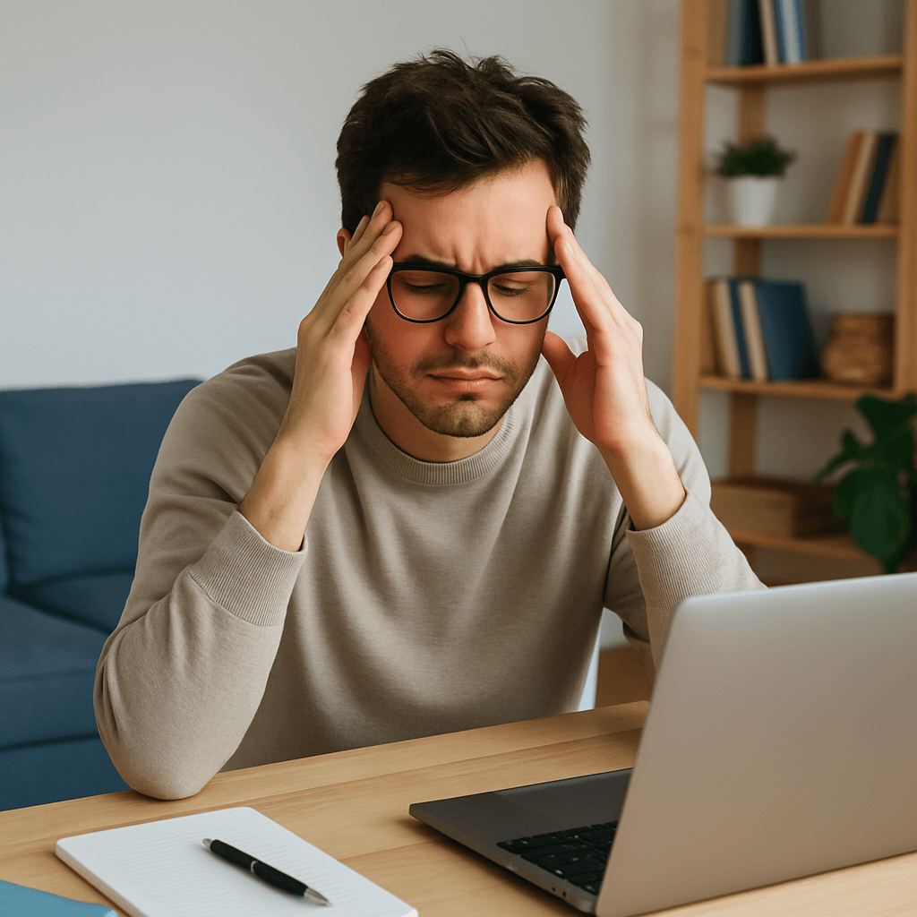 Young man feeling mentally exhausted, sitting at his desk with his laptop, showing signs of brain fog and concentration issues.