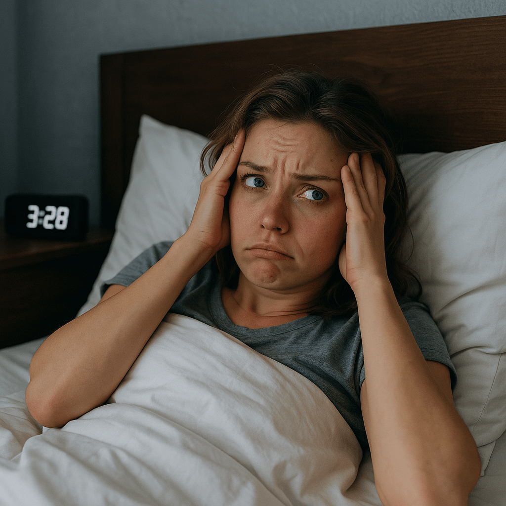 Young woman lying awake in bed at 3:28 AM, visibly frustrated and unable to fall asleep due to racing thoughts.