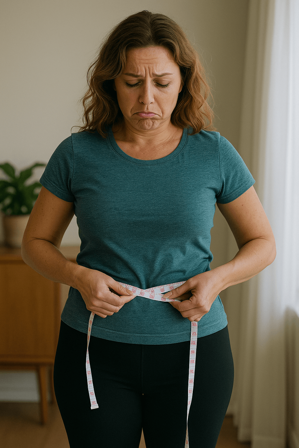 Middle-aged woman measuring her waist with a concerned expression, symbolizing the effects of chronic stress and cortisol on weight retention.