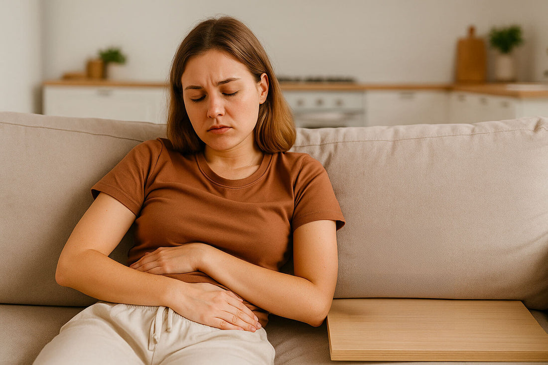 Young woman relaxing on a beige sofa with her hand on her stomach, reflecting the impact of stress and rest on weight management, next to a generic gummy supplement bottle.